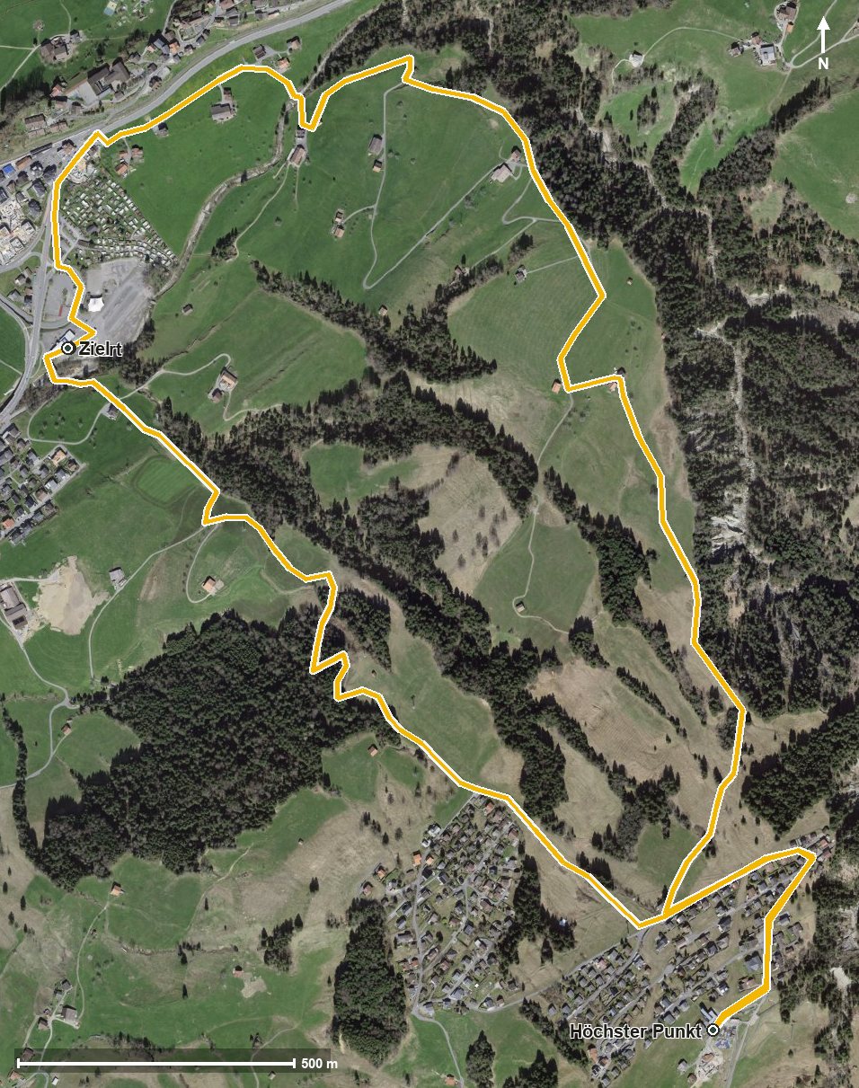 Luftbild mit eingezeichneter Route: Mostelbergweg