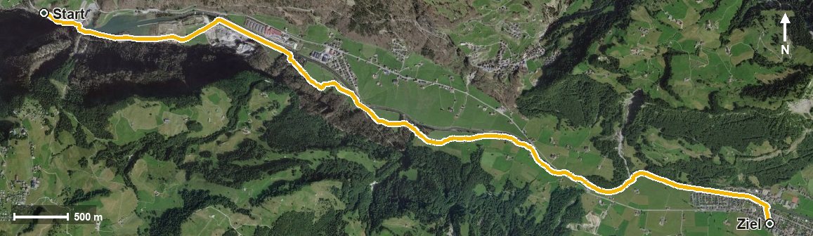 Luftbild mit eingezeichneter Route: Muotataler Witzwanderweg