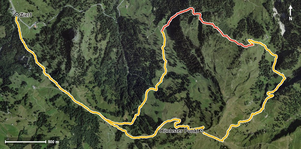 Luftbild mit eingezeichneter Route: Murmeliweg - Rund ums Laucherenstöckli
