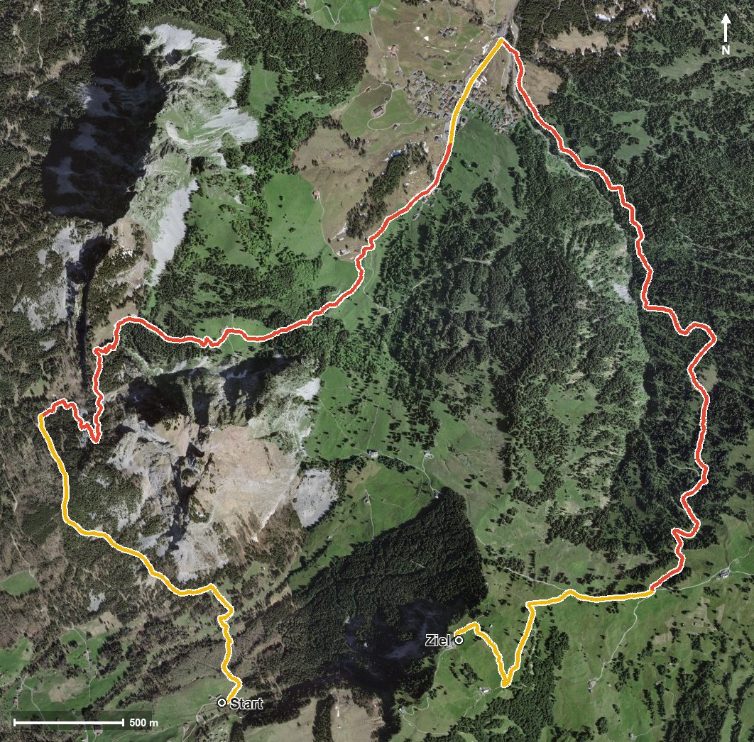 Luftbild mit eingezeichneter Route: Mythen-Naturrundweg (sportliche Variante)