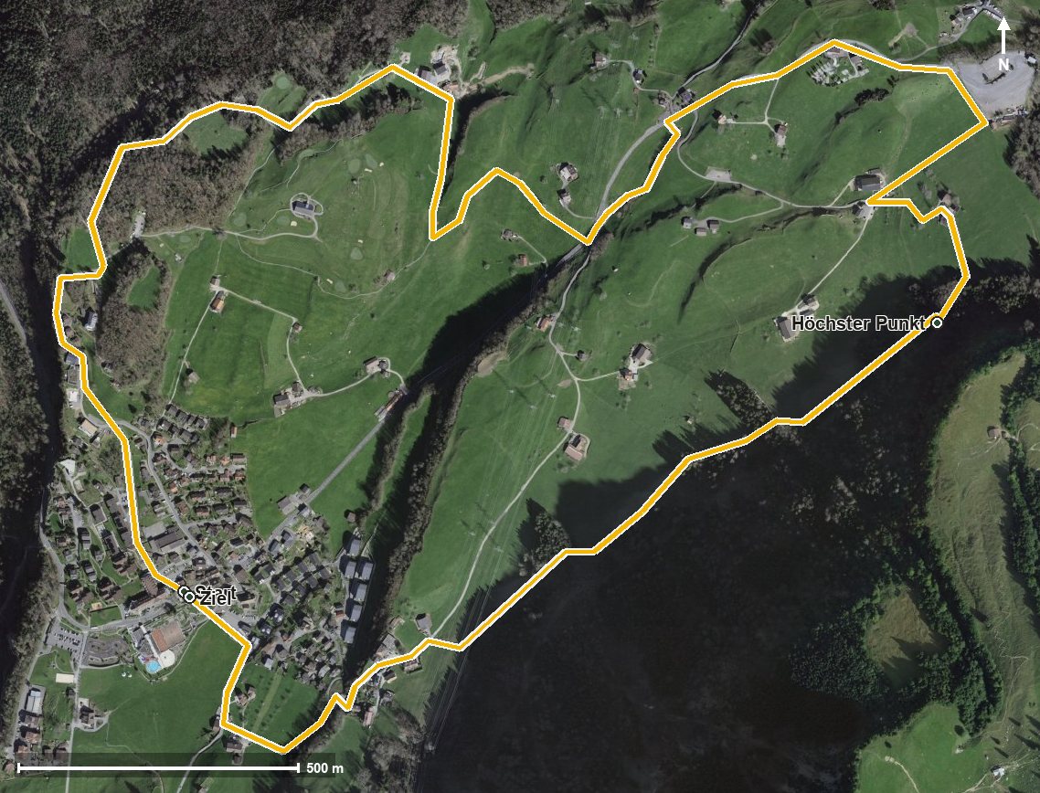 Luftbild mit eingezeichneter Route: Panoramaweg Morschach