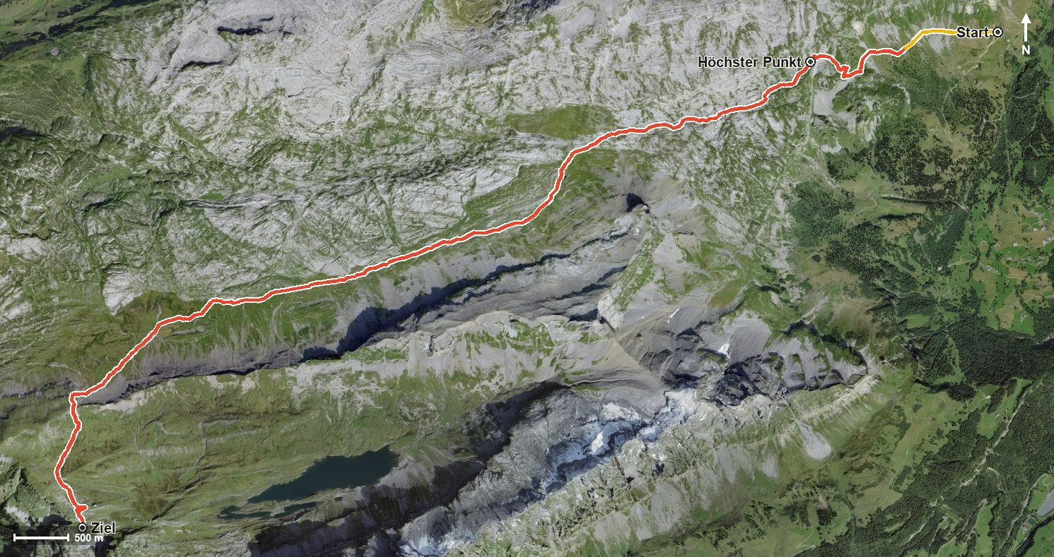 Luftbild mit eingezeichneter Route: Passwanderung Glattalp