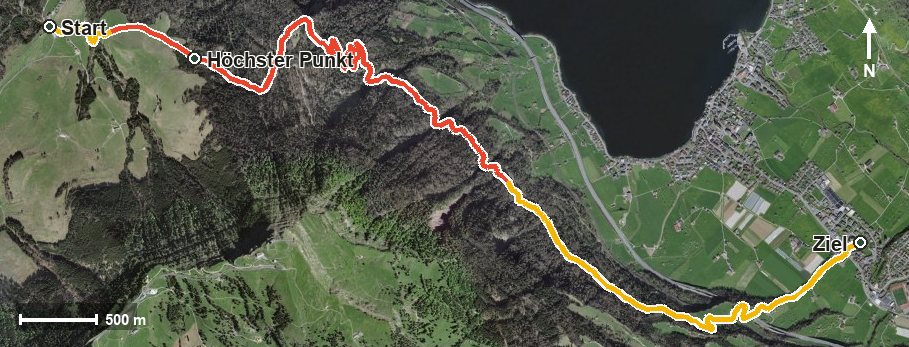 Luftbild mit eingezeichneter Route: Polenweg: Seebodenalp – Oberarth