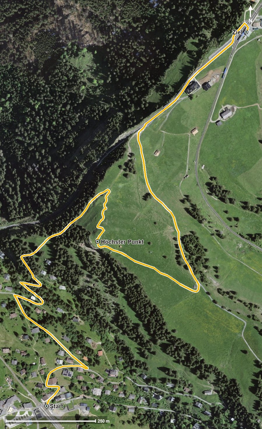 Luftbild mit eingezeichneter Route: Rigi Bildstöckli Weg