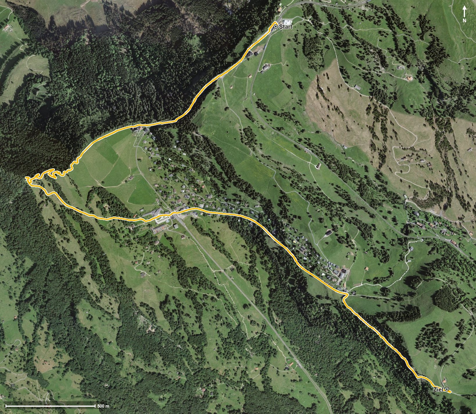Luftbild mit eingezeichneter Route: Rigi Blumenpfad