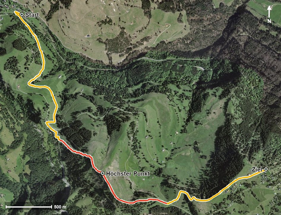 Luftbild mit eingezeichneter Route: Rigi Dossen Weg