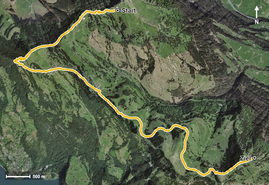 Luftbild mit eingezeichneter Route: Rigi Kulm über Rigi Kaltbad nach Rigi Scheidegg