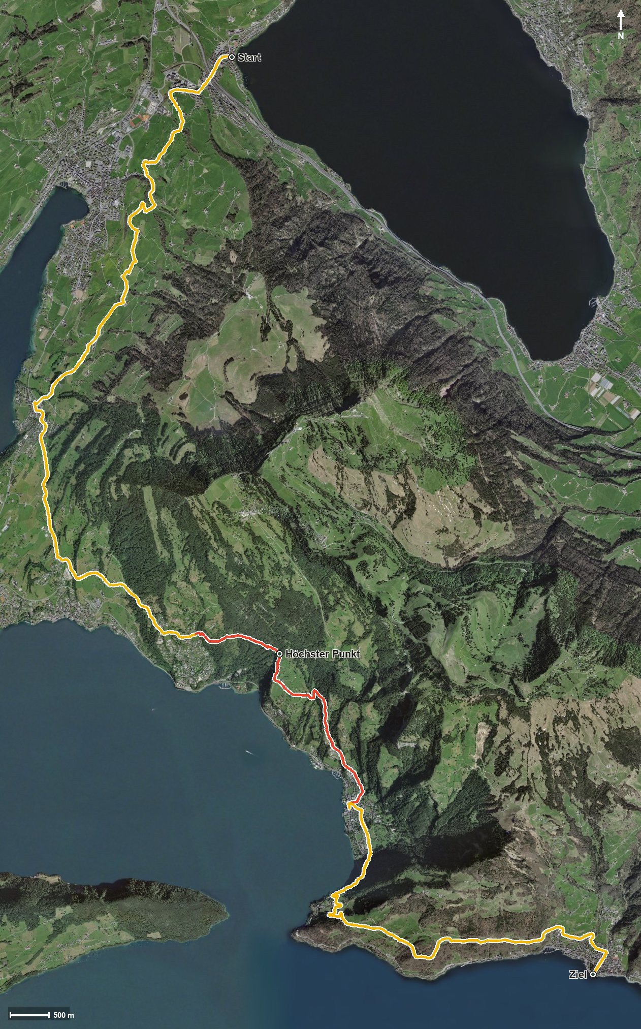 Luftbild mit eingezeichneter Route: Rigi Lehnenweg