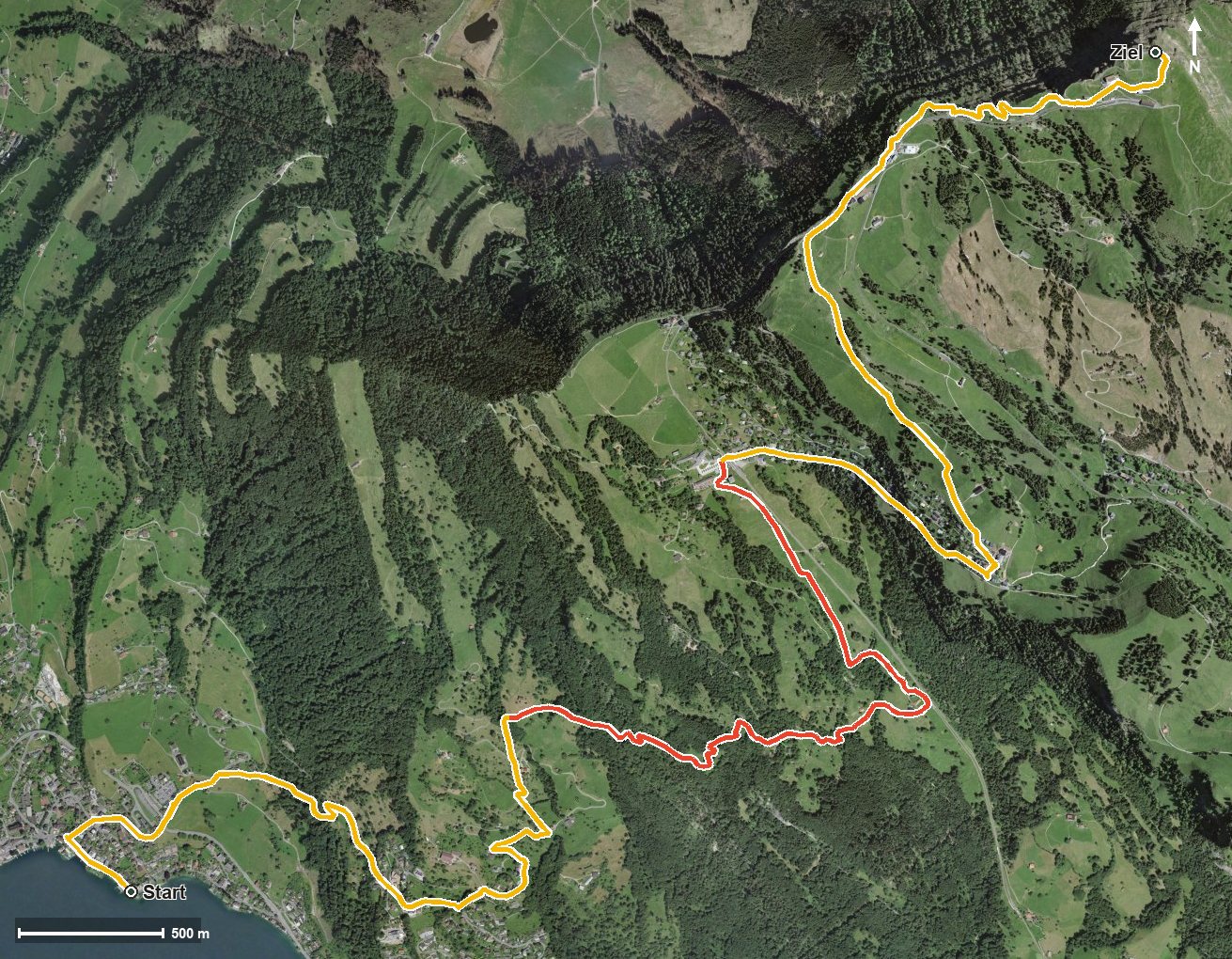 Luftbild mit eingezeichneter Route: Rigi - Mark Twain Weg