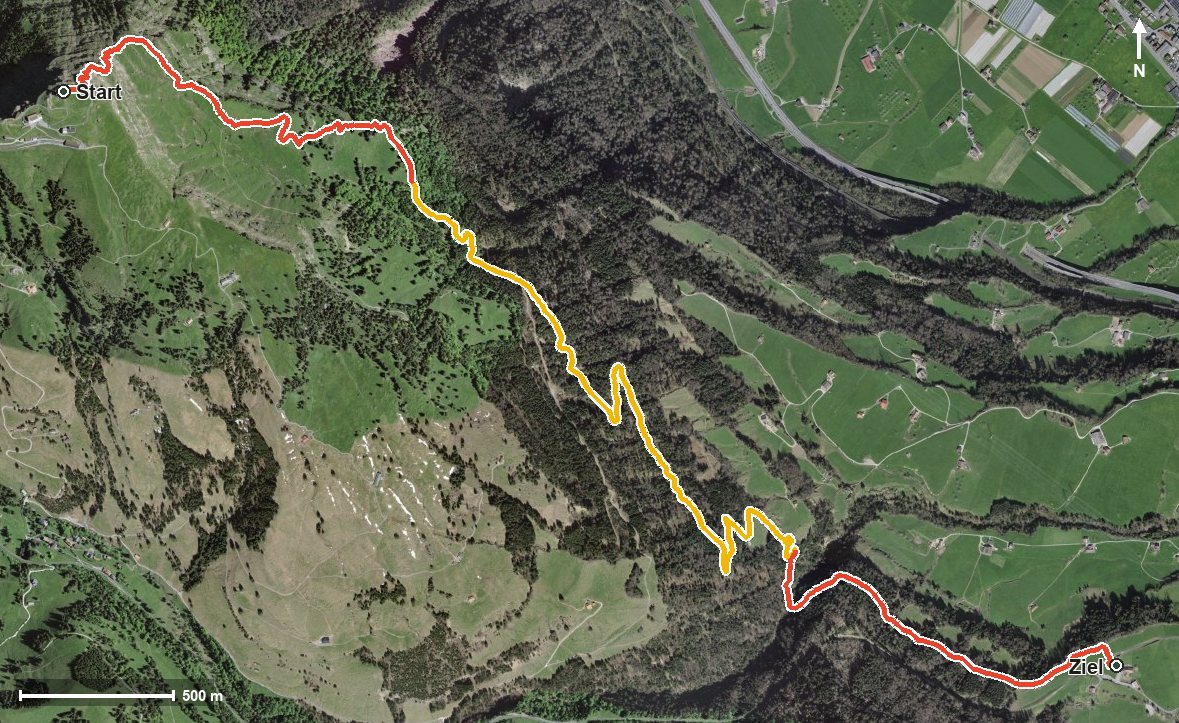 Luftbild mit eingezeichneter Route: Rigi Nord