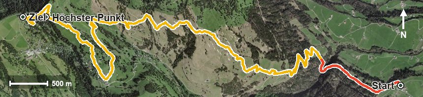 Luftbild mit eingezeichneter Route: Rigi Nordroute