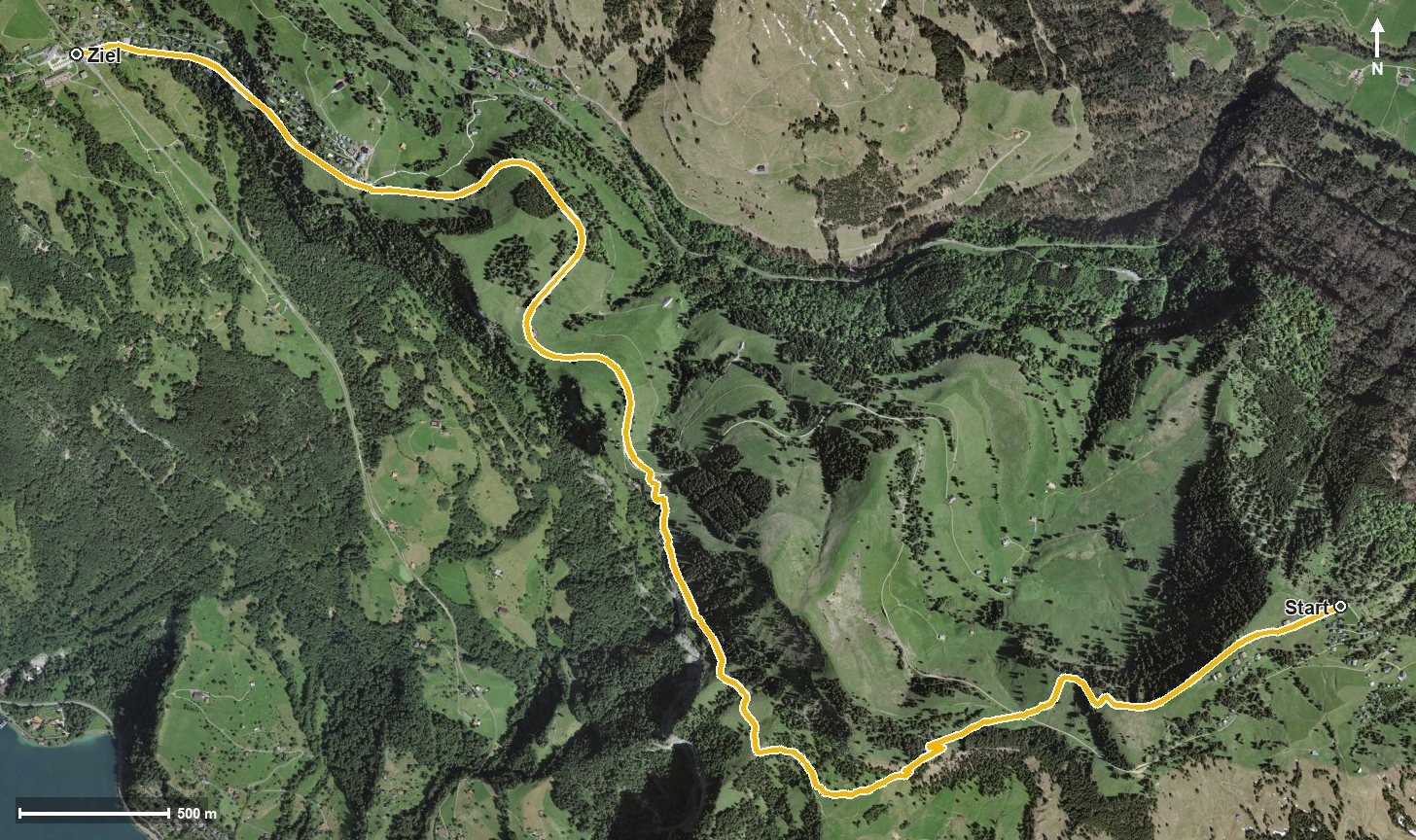 Luftbild mit eingezeichneter Route: Etappe: Rigi Scheidegg - Rigi Kaltbad | Schwyzer Tal- &amp; Gipfeltour