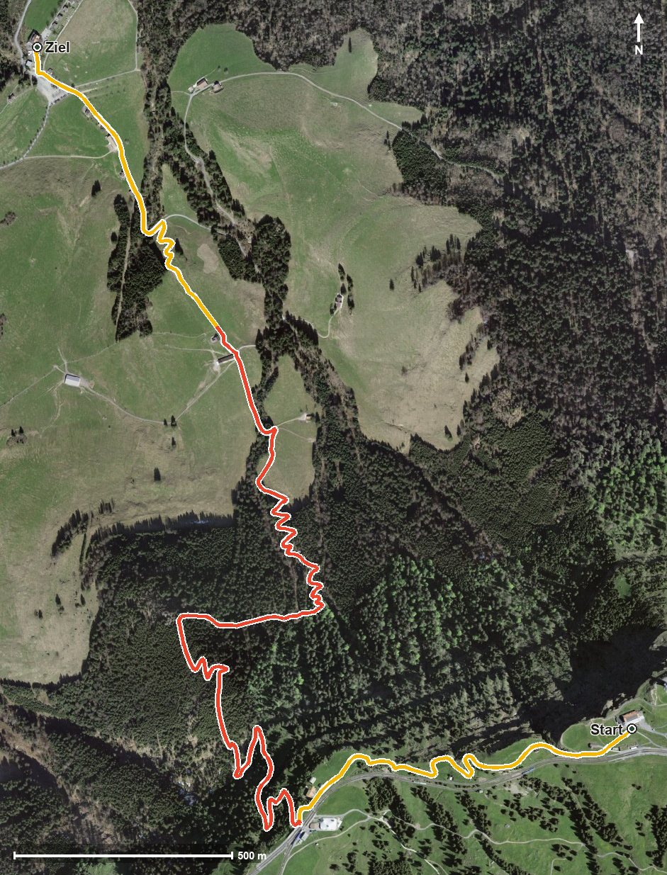 Luftbild mit eingezeichneter Route: Rigi - Seebodenalp "Grüezi Weg"
