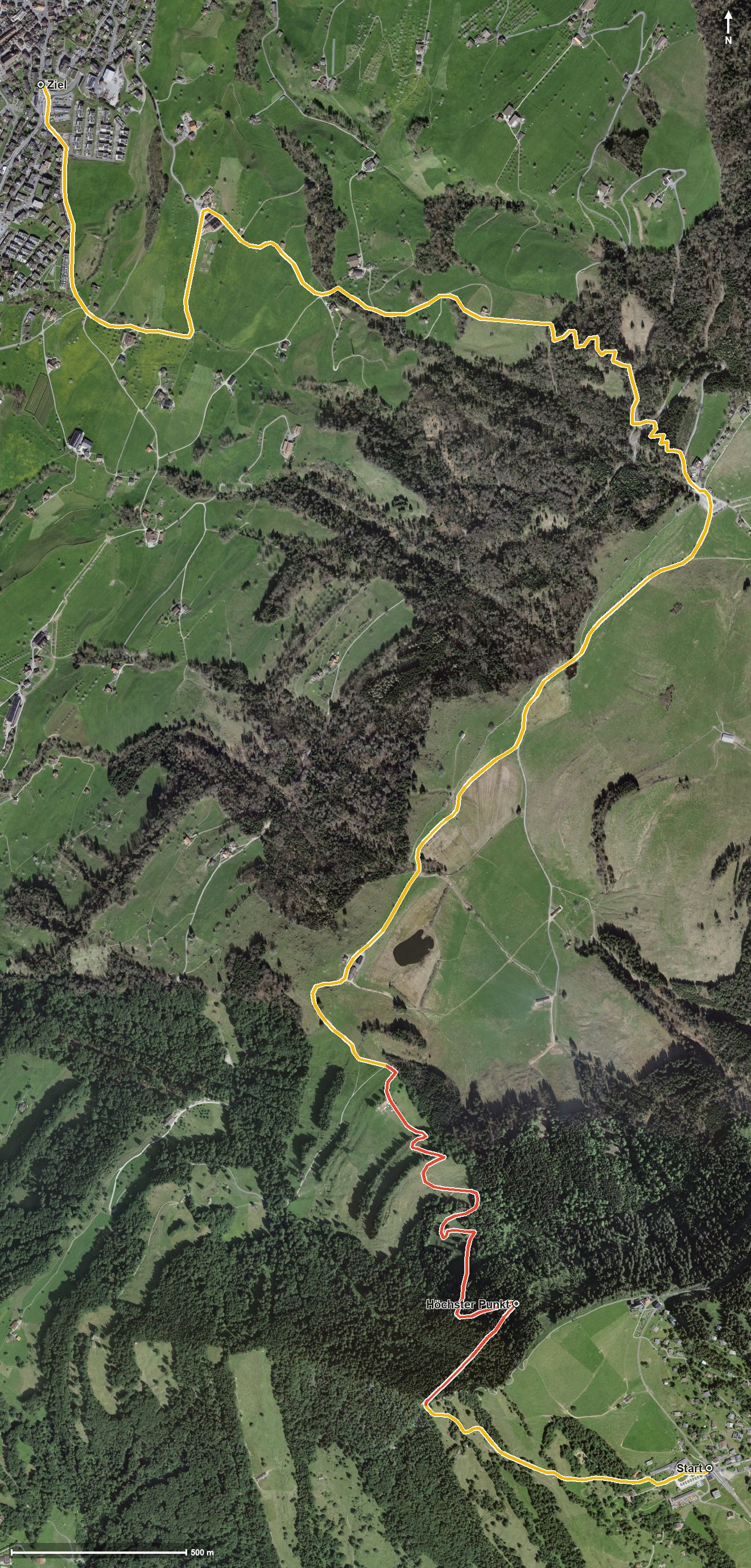 Luftbild mit eingezeichneter Route: Rigi Tell Weg