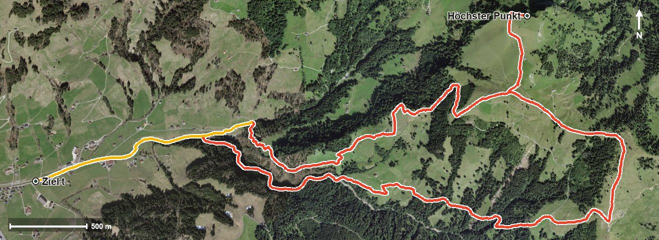Luftbild mit eingezeichneter Route: Rundwanderung Euthal - Wildegg - Chli Aubrig