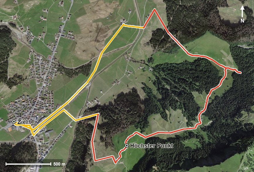 Luftbild mit eingezeichneter Route: Rundwanderung Unteriberg-Hirsch-Breitplangg
