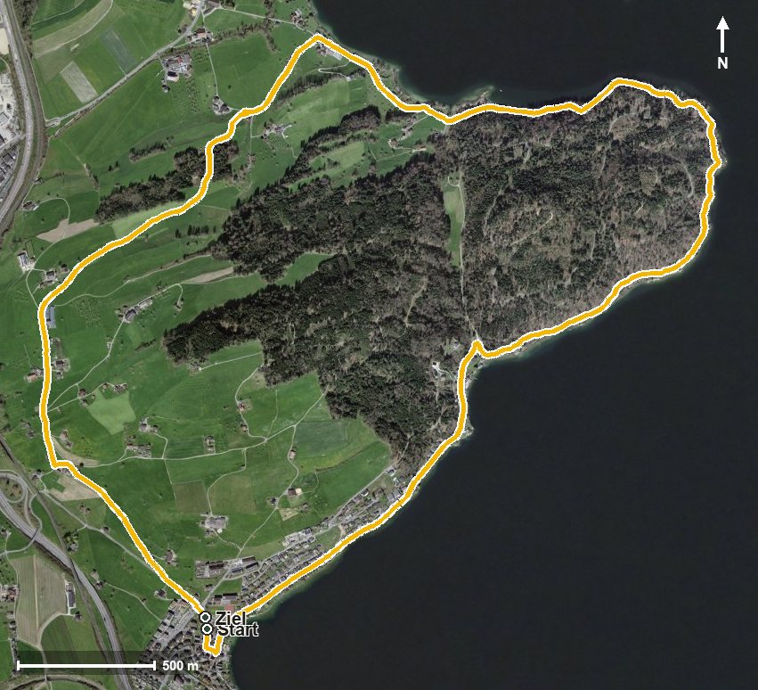 Luftbild mit eingezeichneter Route: Rundweg 2023 «Halbinsel Chiemen»