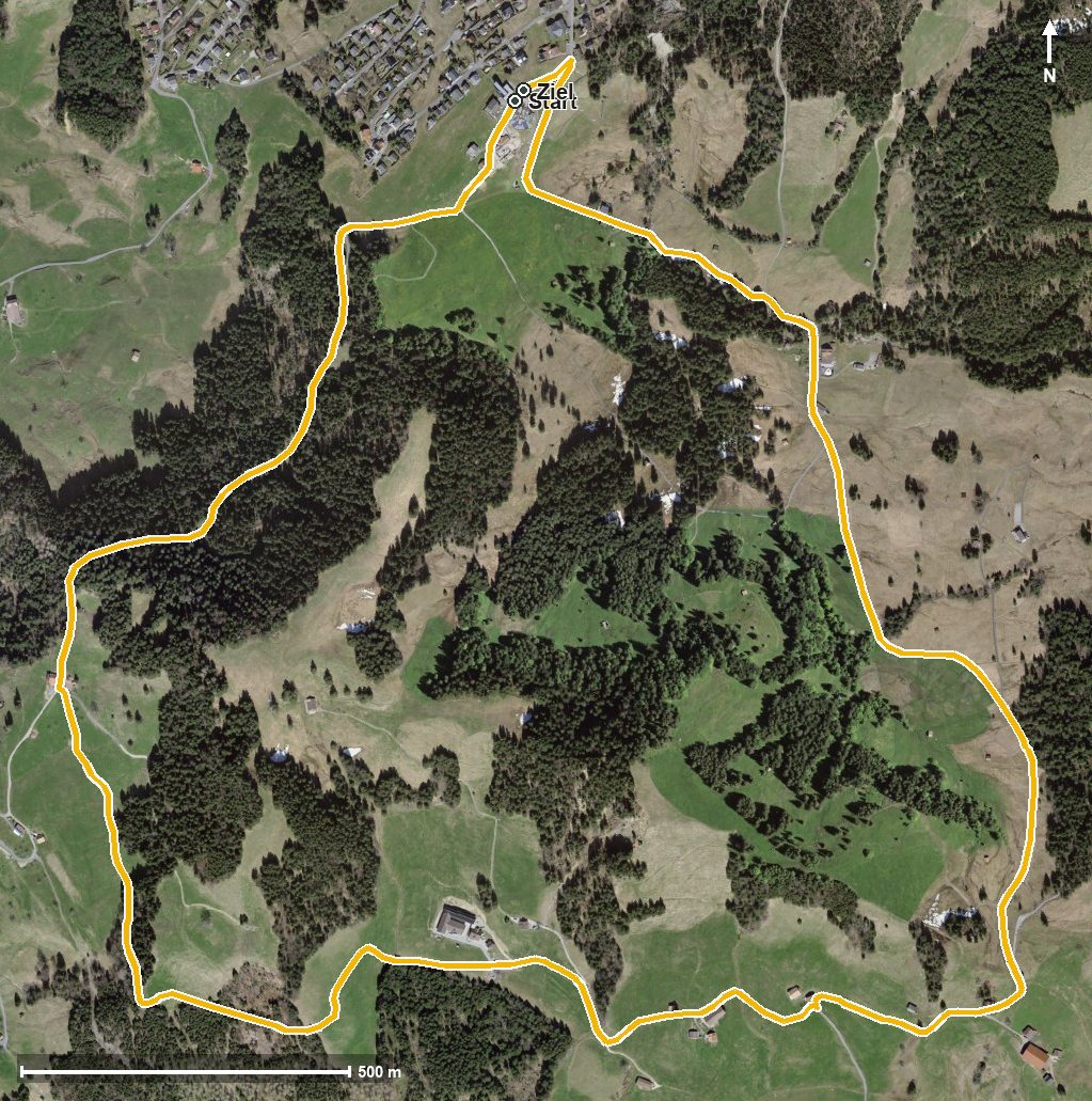 Luftbild mit eingezeichneter Route: Rundweg Engelstock