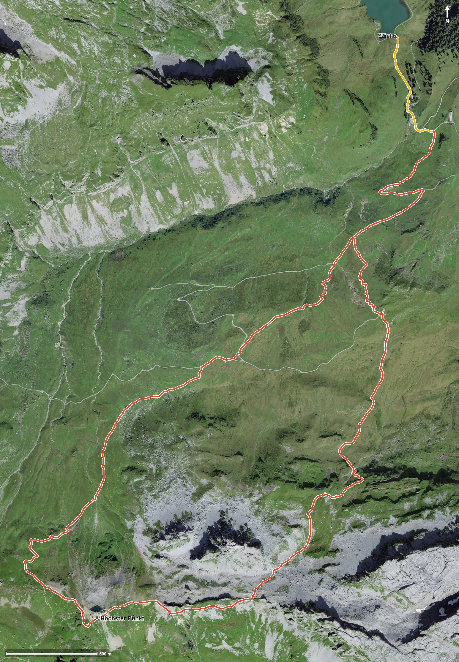 Luftbild mit eingezeichneter Route: Ruosalper Rundwanderung