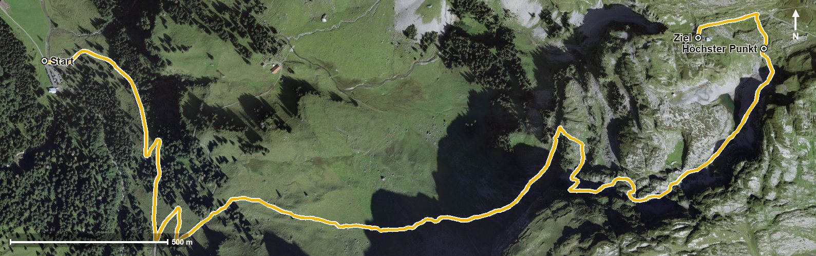 Luftbild mit eingezeichneter Route: Sahli - Glattalp