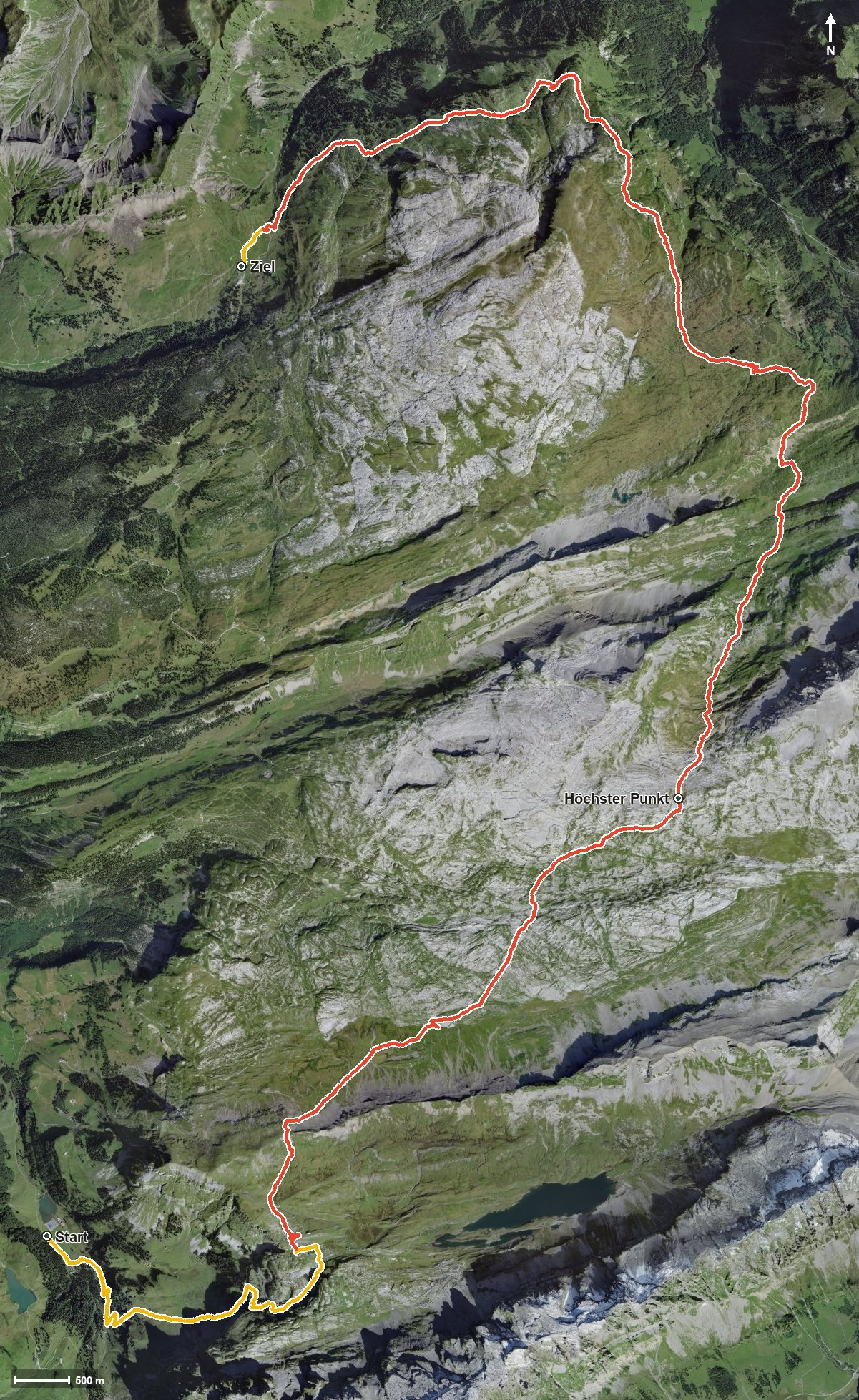 Luftbild mit eingezeichneter Route: Saliboden - Innä durä