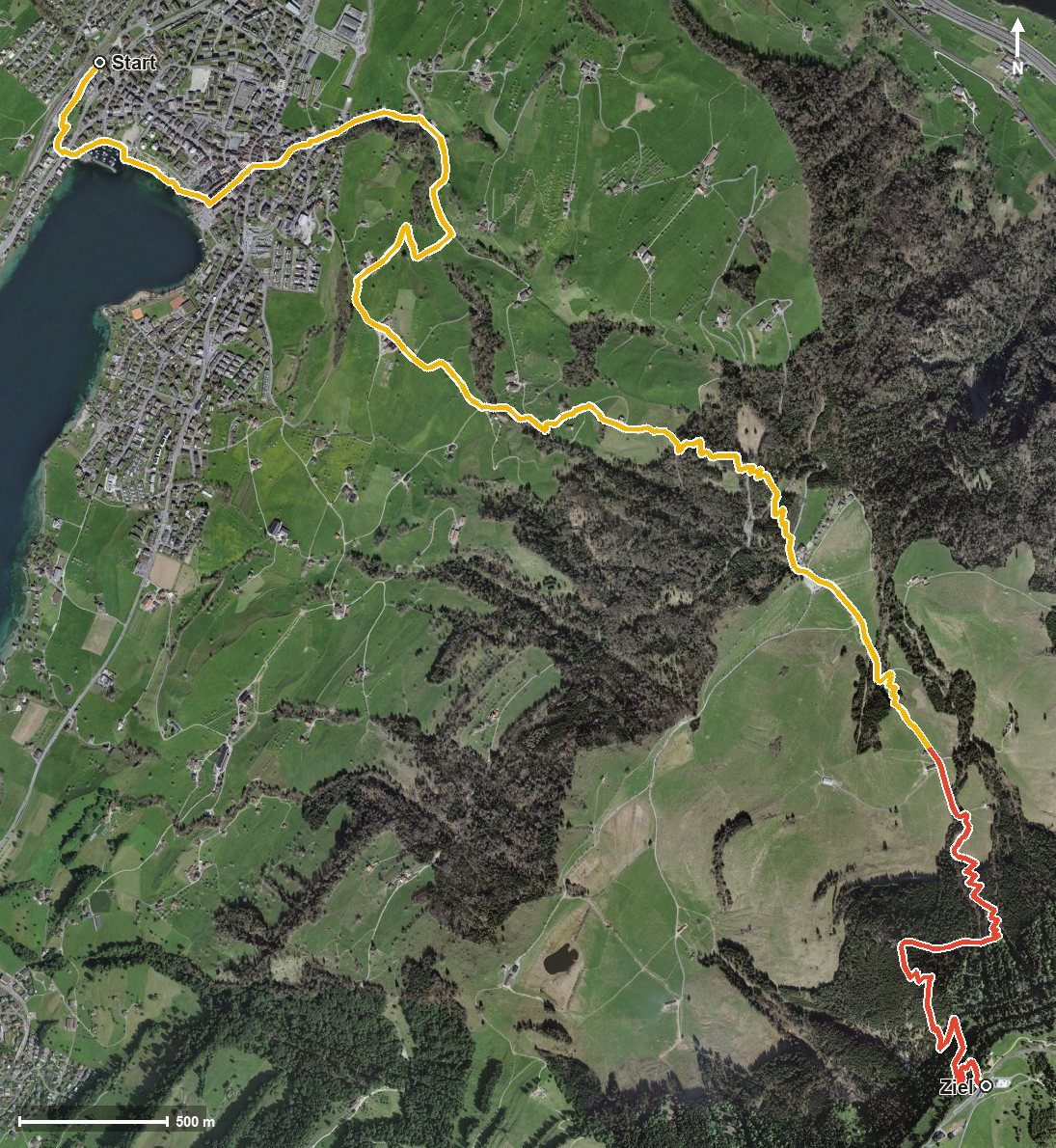 Luftbild mit eingezeichneter Route: Schwyzer Höhenweg Etappe 1: Küssnacht a.R. – Rigi
