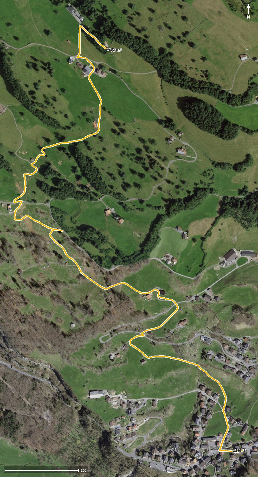 Luftbild mit eingezeichneter Route: Seiliweg Illgau