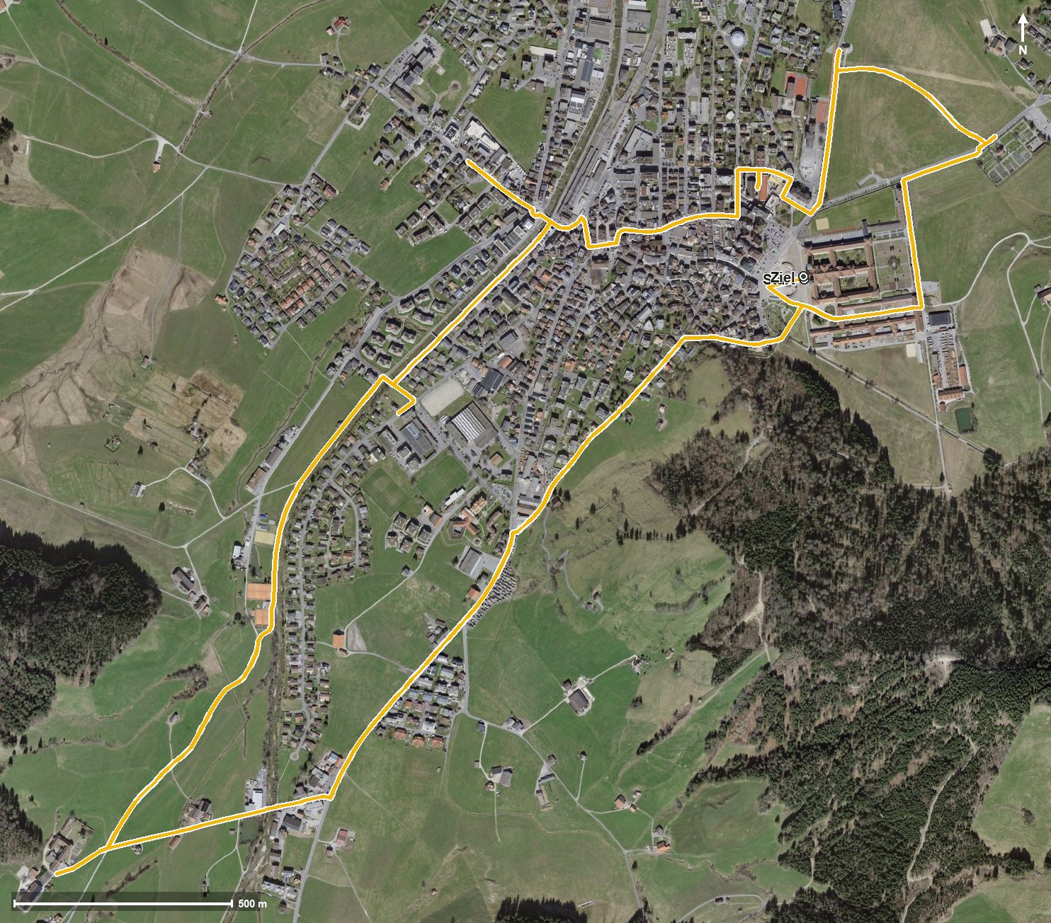 Luftbild mit eingezeichneter Route: Sieben-Kapellen-Weg