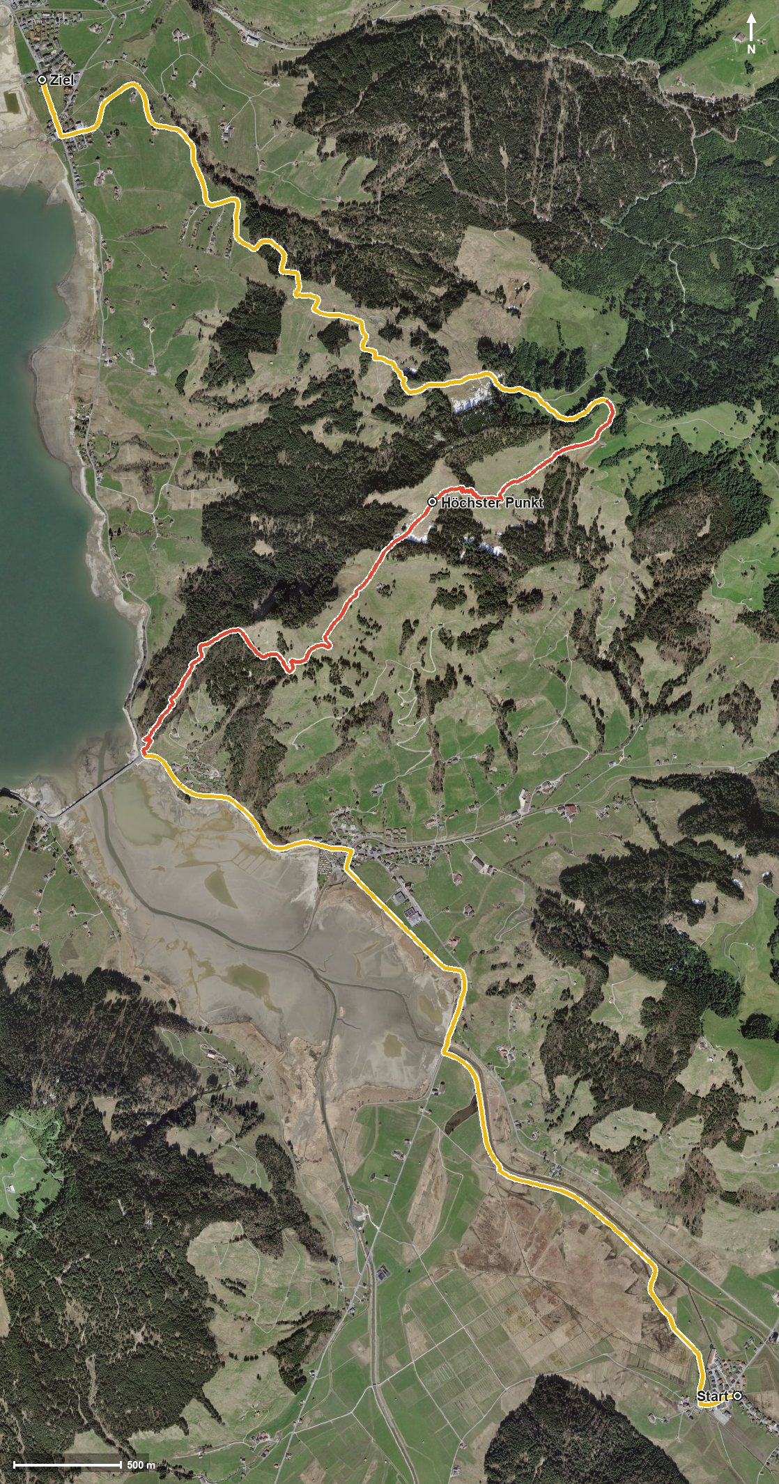 Luftbild mit eingezeichneter Route: Sihl ErlebnisWeg 2. Etappe – Studen - Willerzell