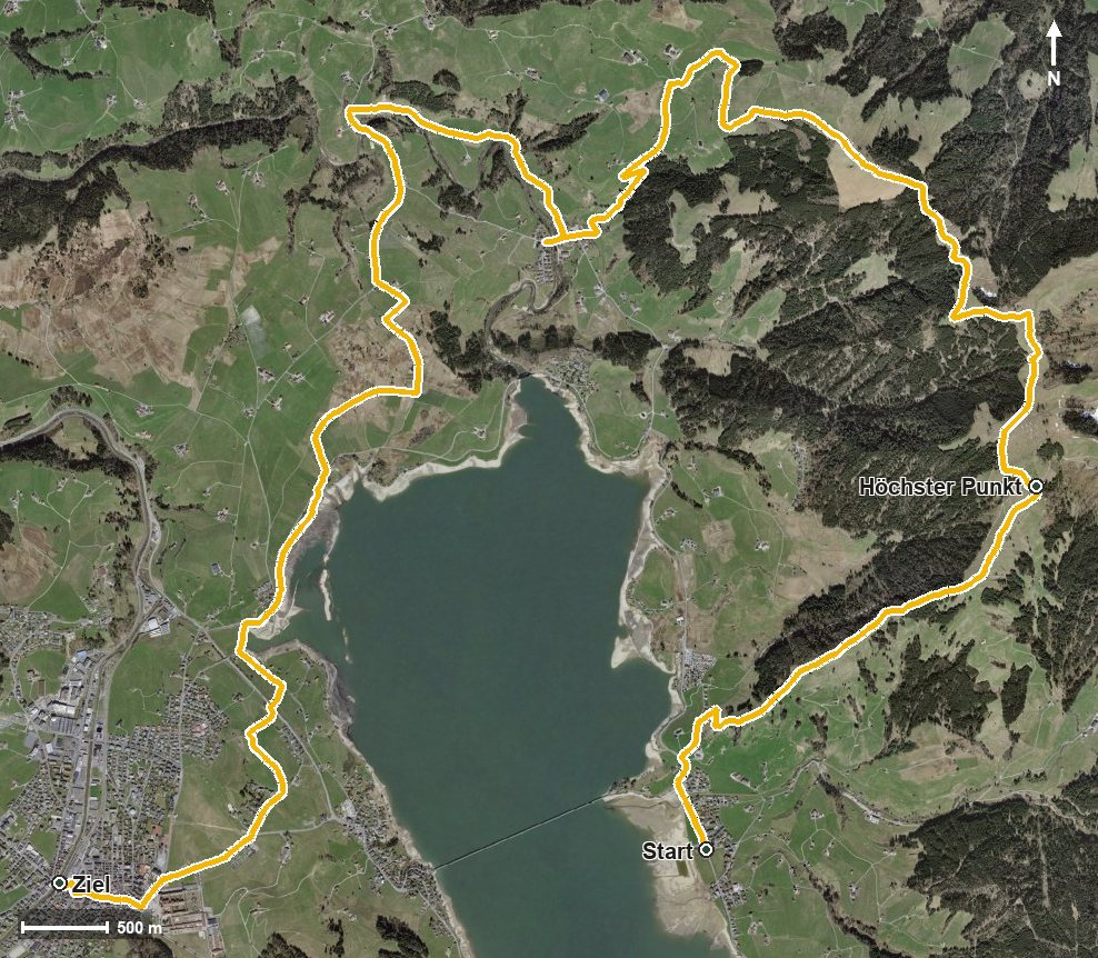 Luftbild mit eingezeichneter Route: Sihl ErlebnisWeg 3. Etappe – Willerzell - Einsiedeln