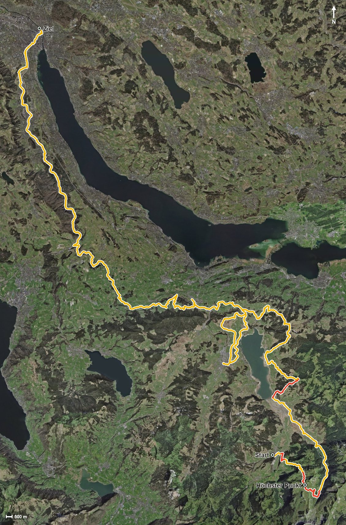 Luftbild mit eingezeichneter Route: Sihl ErlebnisWeg – 7 Etappen von der Quelle bis Zürich