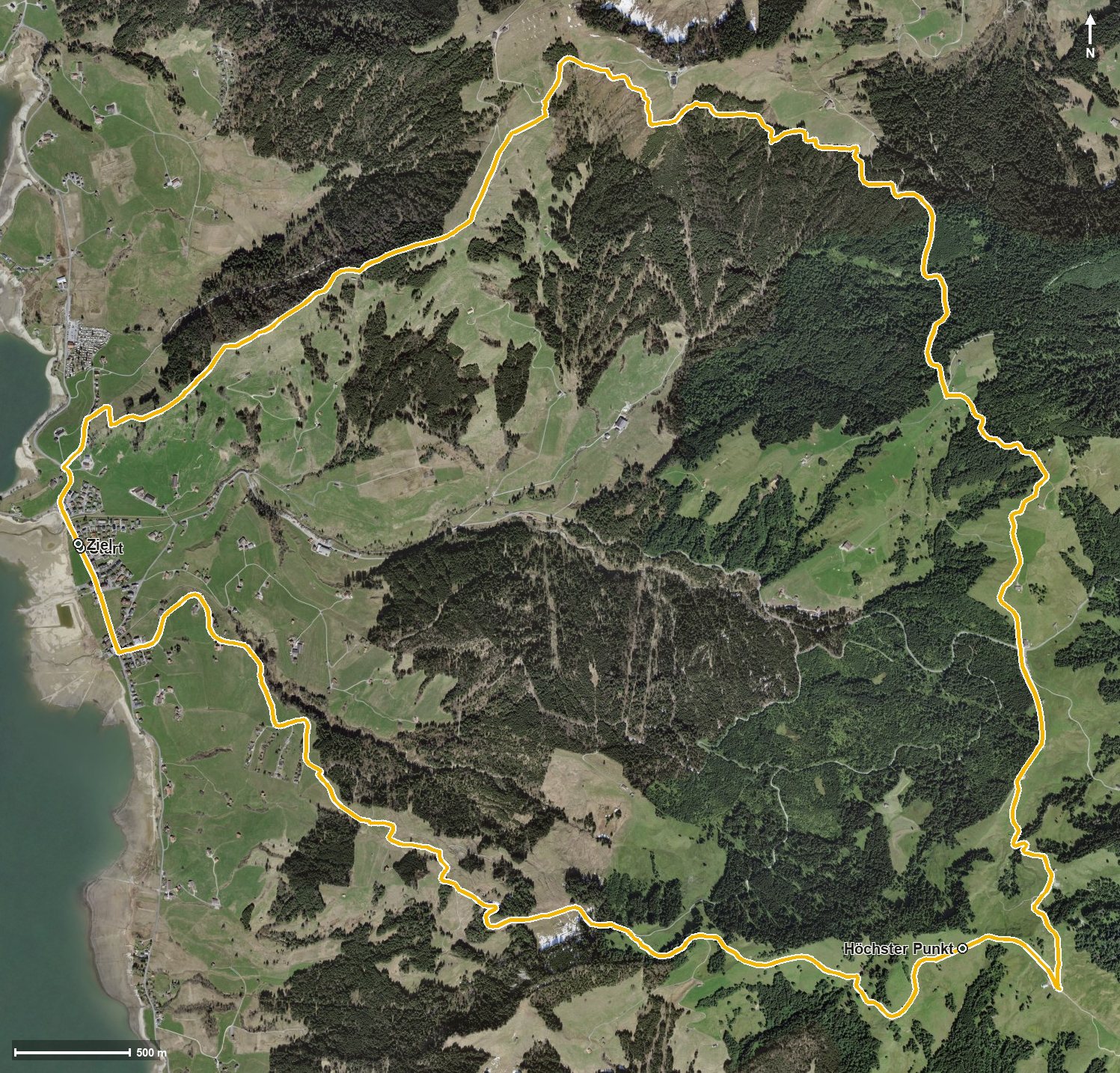 Luftbild mit eingezeichneter Route: Sihlsee Höhenwanderung