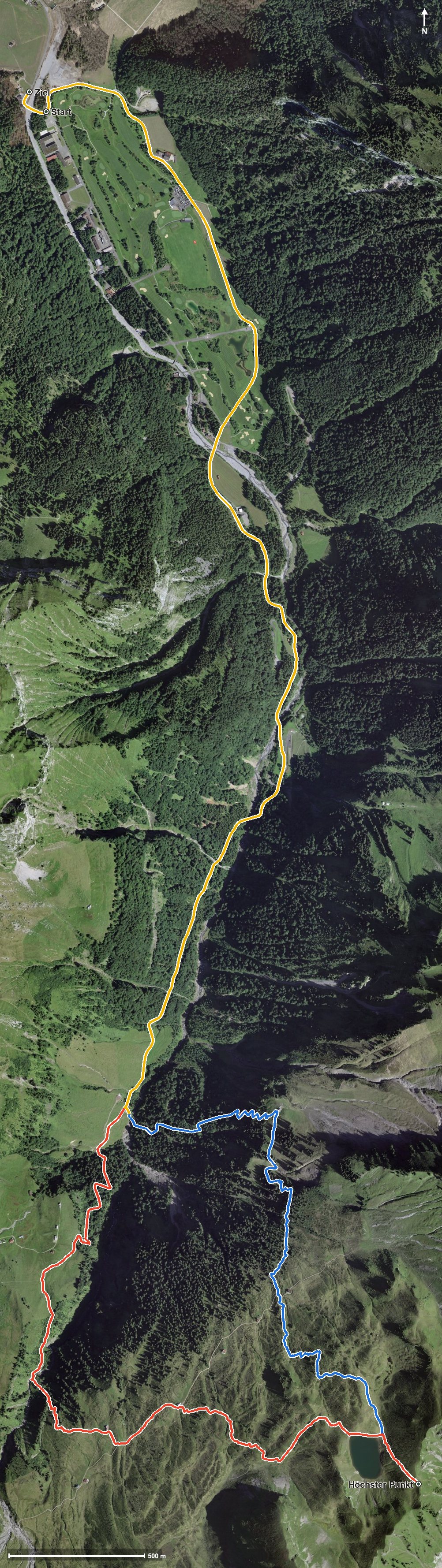 Luftbild mit eingezeichneter Route: Sihlseeli