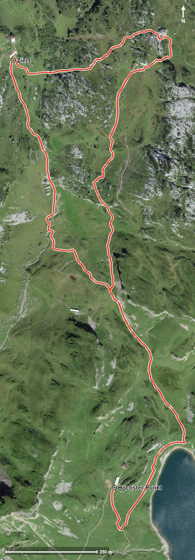 Luftbild mit eingezeichneter Route: Spilauer See