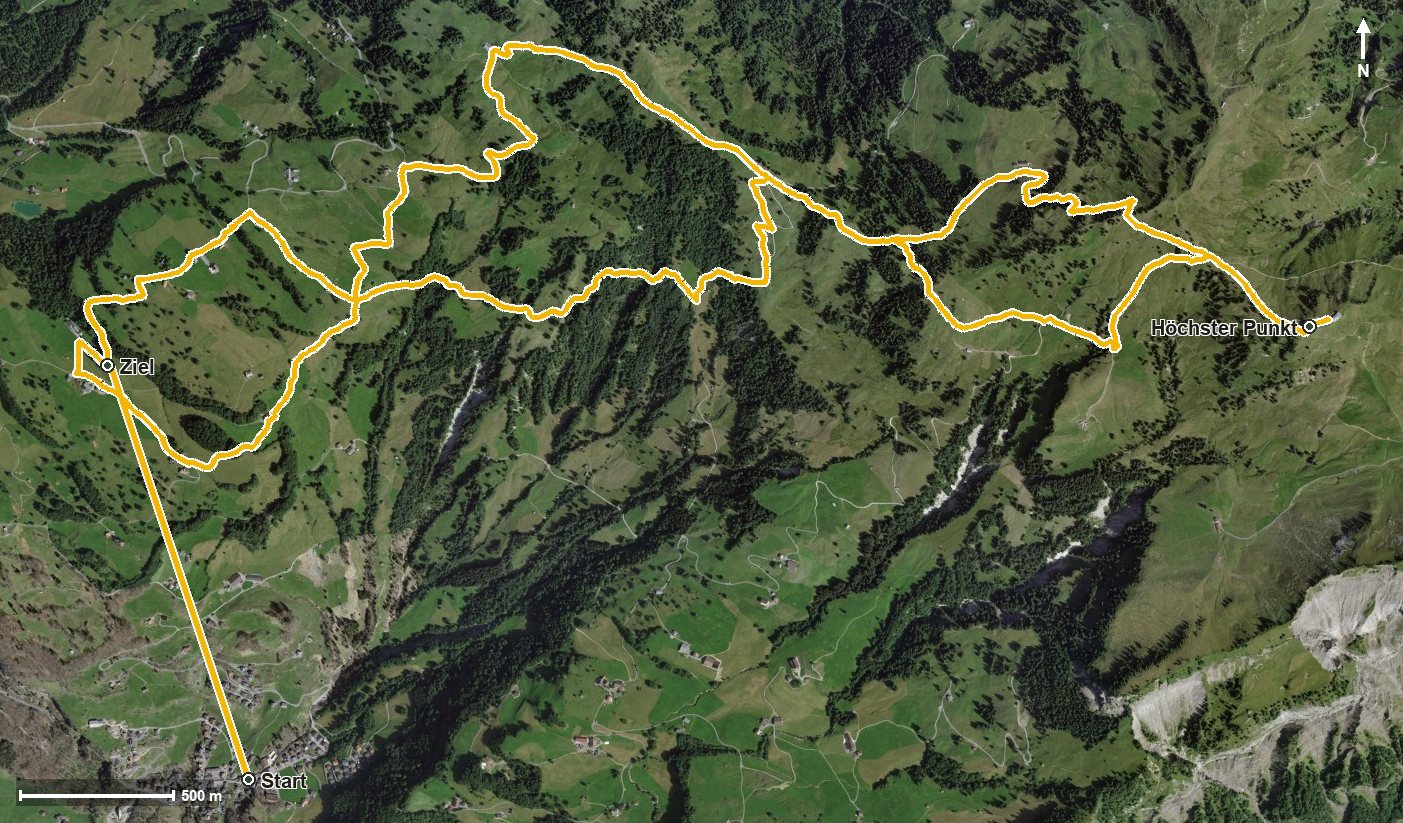 Luftbild mit eingezeichneter Route: Spirstock