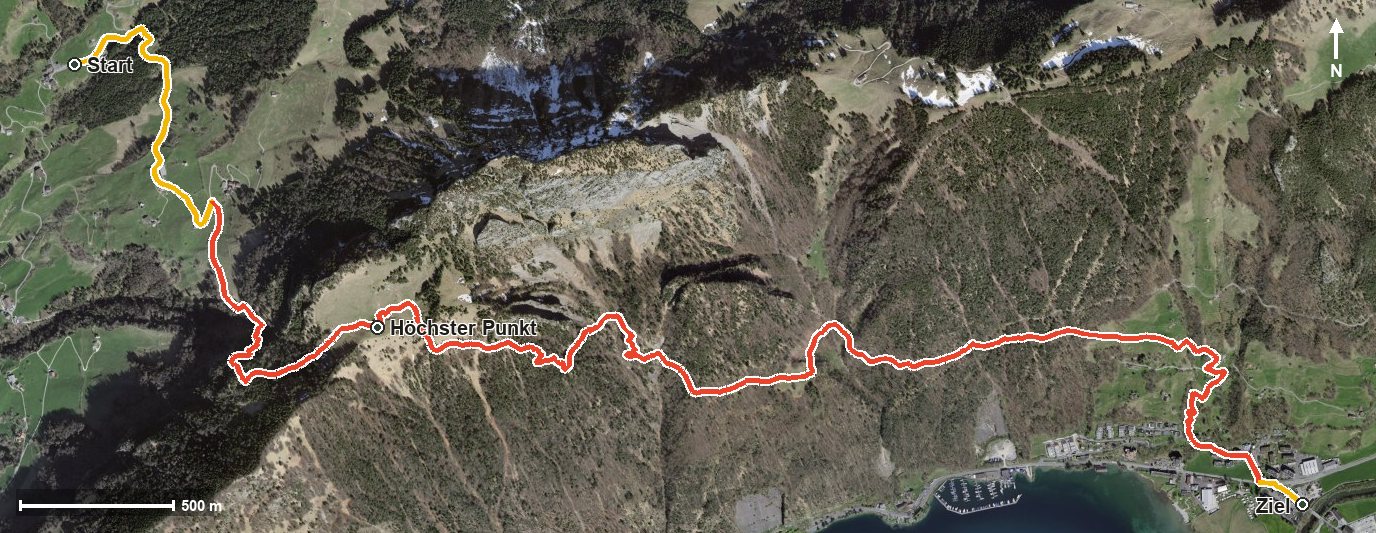 Luftbild mit eingezeichneter Route: Streifzug durch die unbekannte Rigi