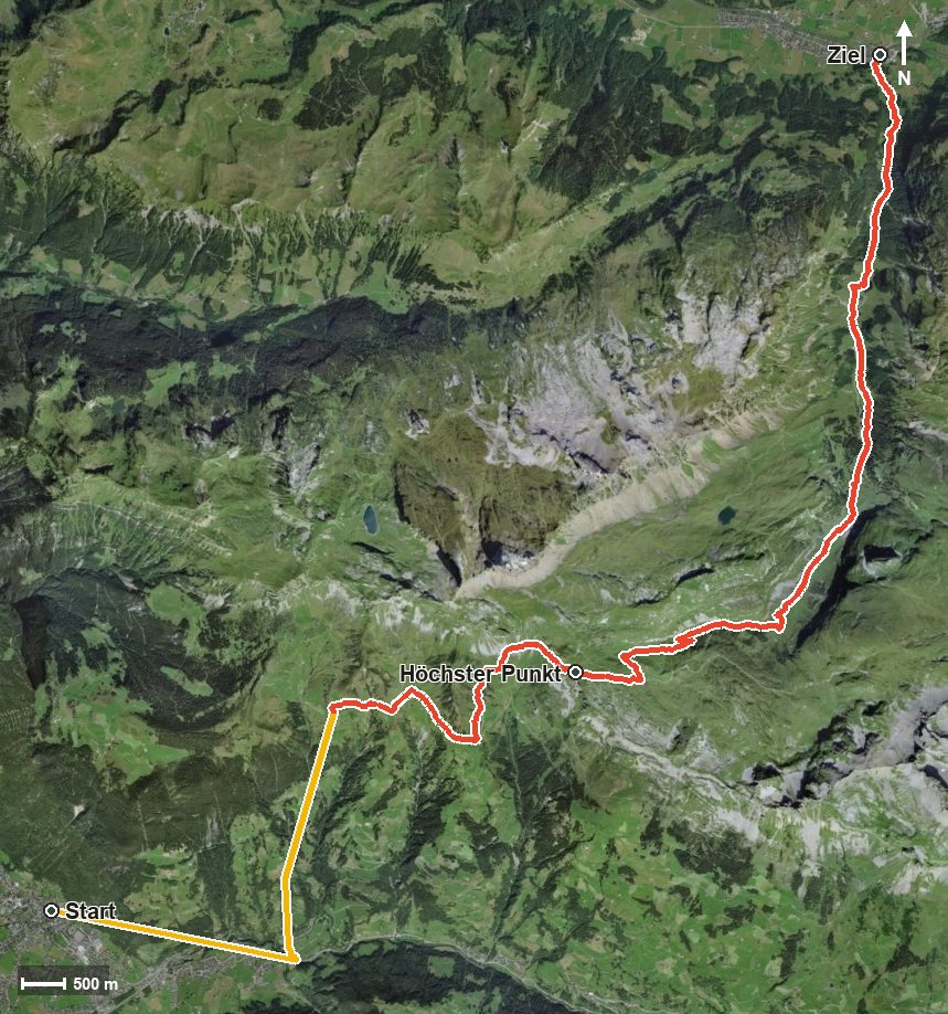 Luftbild mit eingezeichneter Route: Tell-Trail Etappe 1: Altdorf - Muotathal