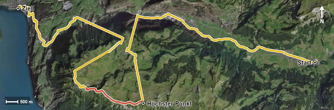 Luftbild mit eingezeichneter Route: Tell-Trail Etappe 2: Muotatal - Brunnen