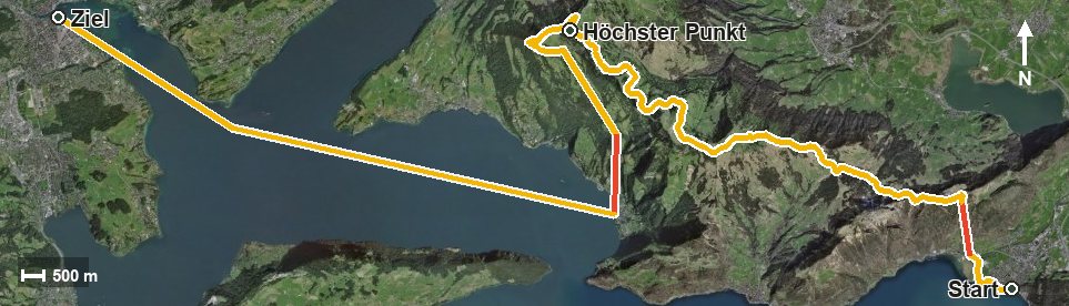 Luftbild mit eingezeichneter Route: Tell-Trail Etappe 3: Brunnen - Rigi Kaltbad - Luzern