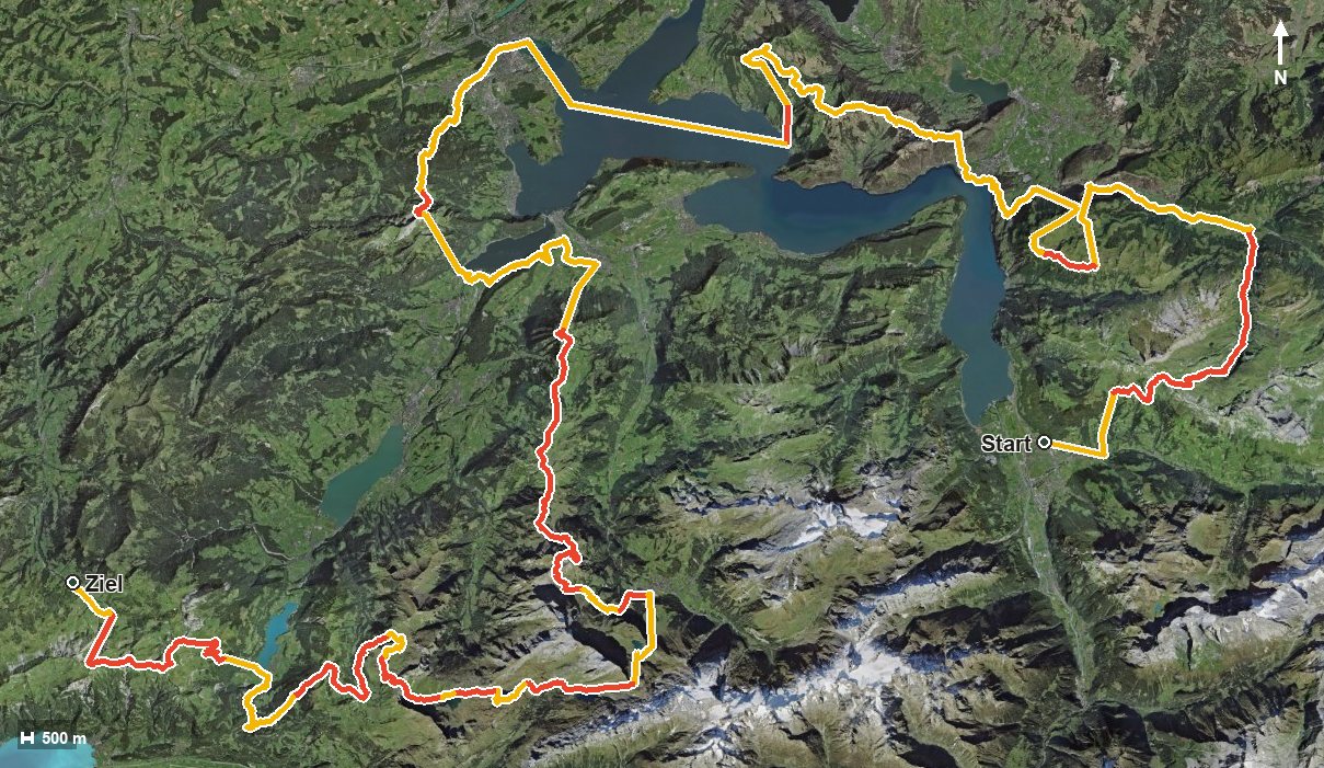 Luftbild mit eingezeichneter Route: Tell-Trail