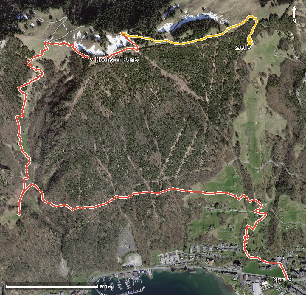 Luftbild mit eingezeichneter Route: Timpel-Wanderung