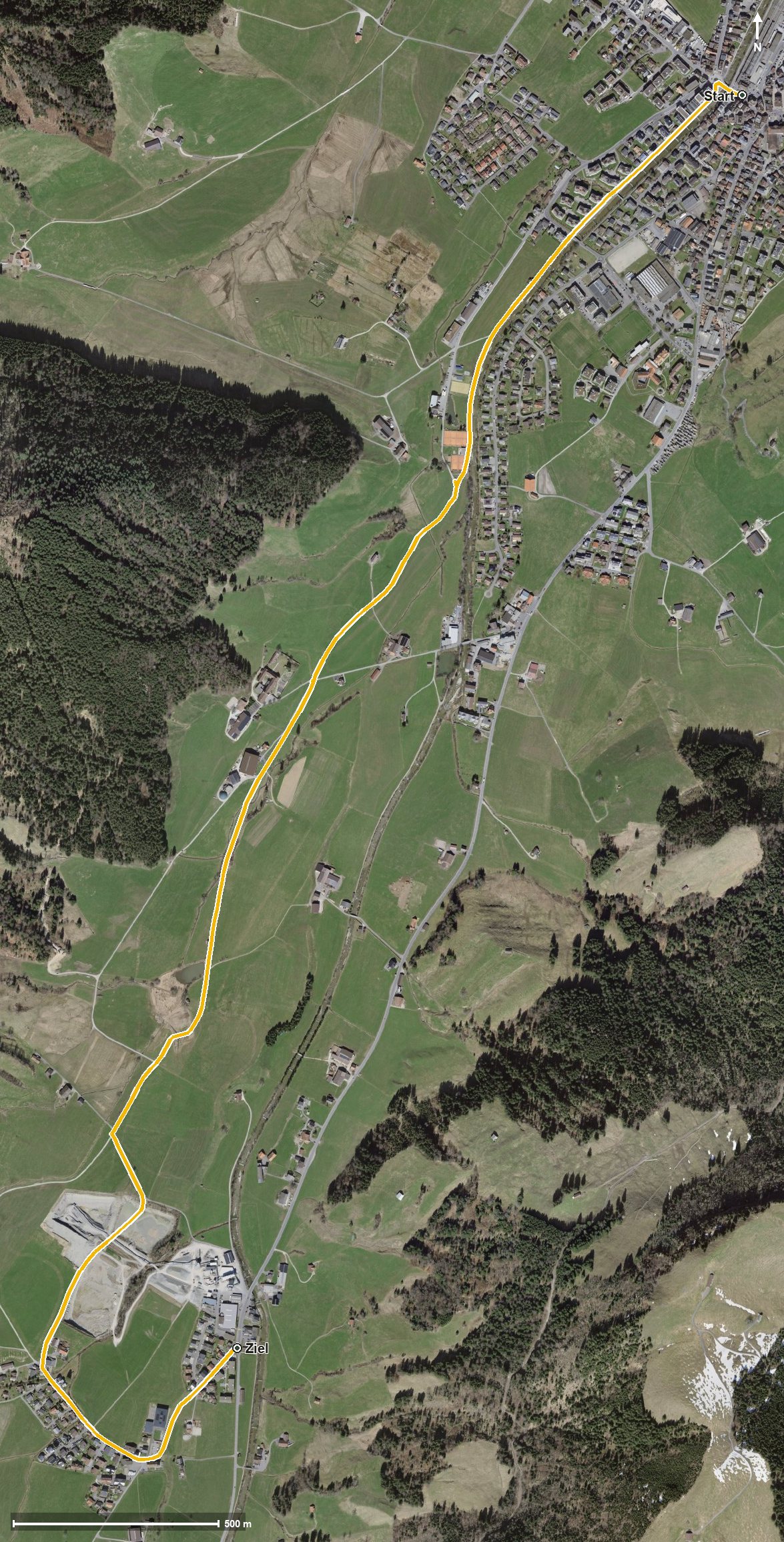 Luftbild mit eingezeichneter Route: Einsiedeln-Trachslau