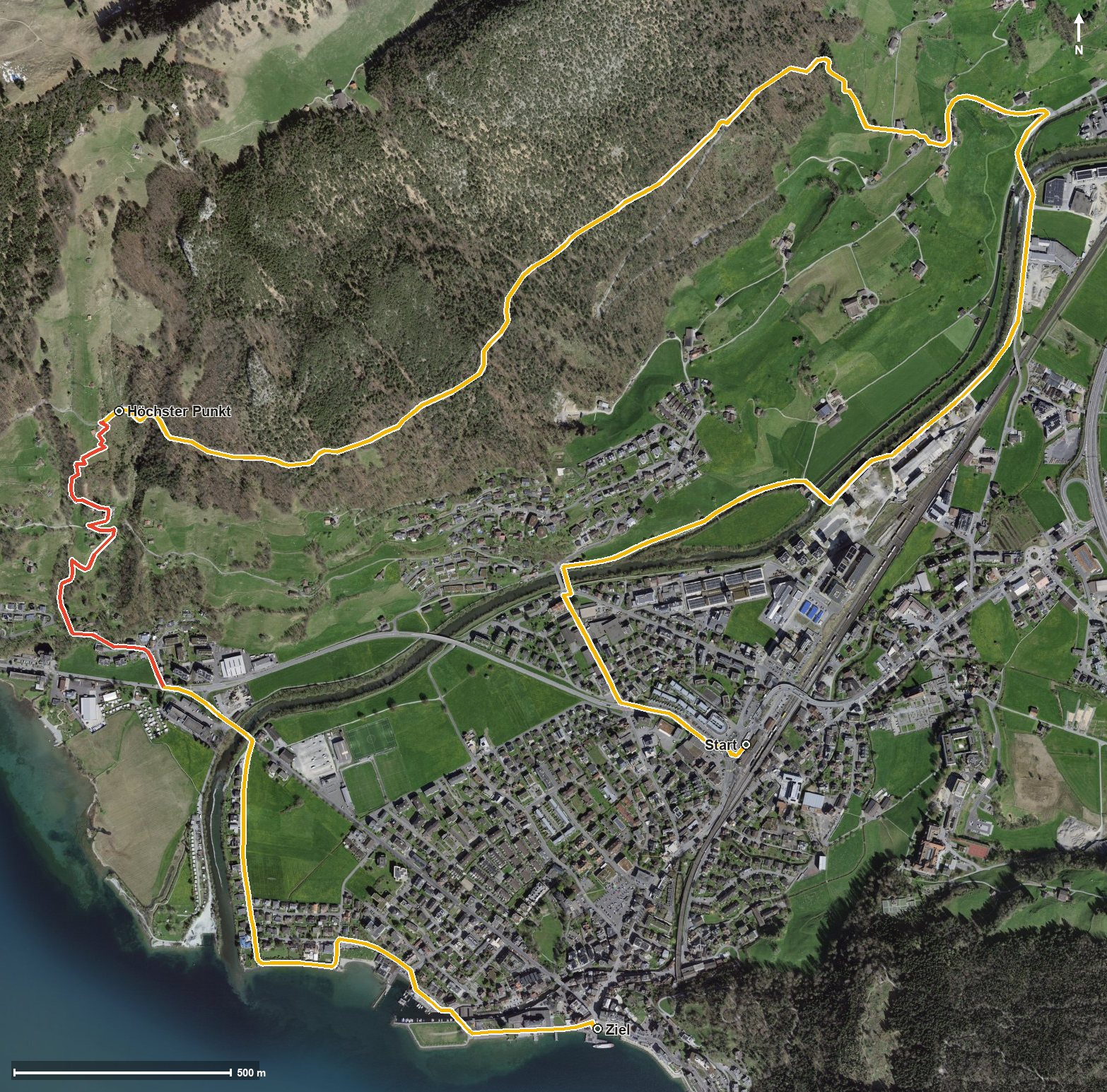Luftbild mit eingezeichneter Route: Urmibergwanderweg