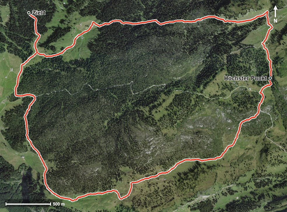 Luftbild mit eingezeichneter Route: Urwaldweg Bödmeren