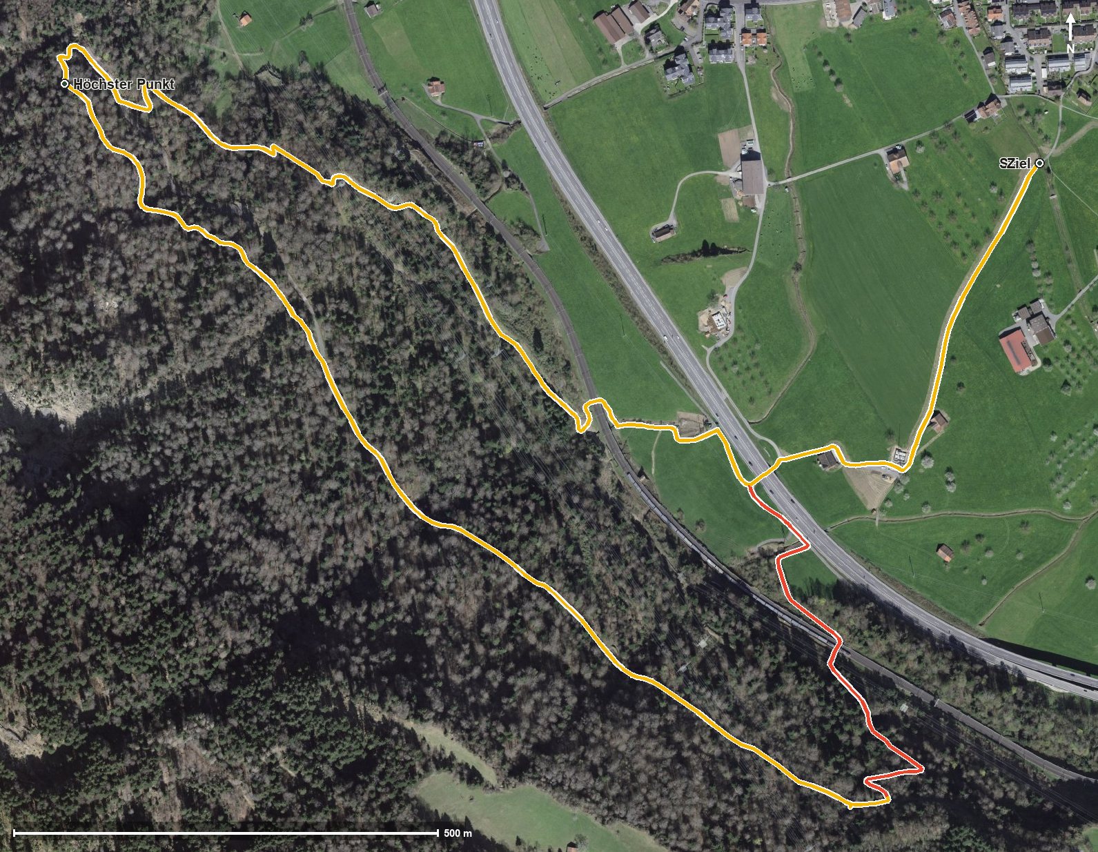 Luftbild mit eingezeichneter Route: Via Silva