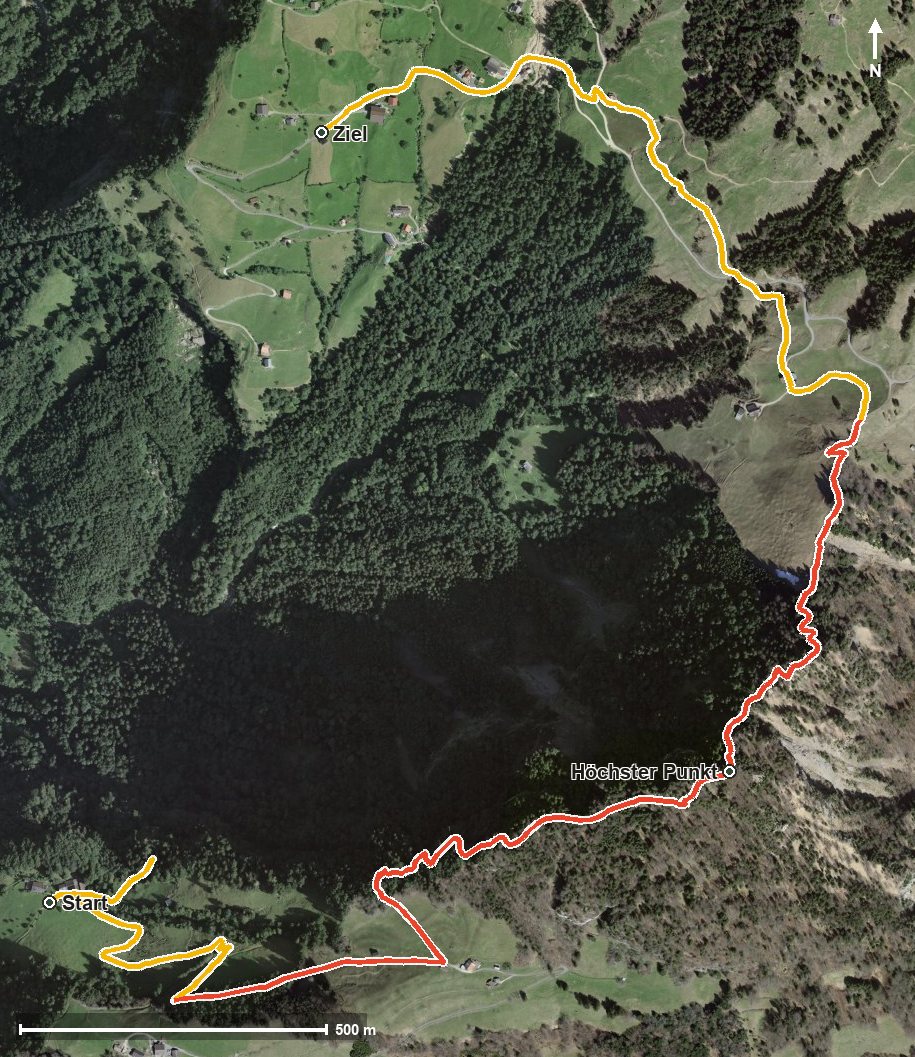 Luftbild mit eingezeichneter Route: Vitznauer/Gersauerstock (Wissiflue nach Hinterbergen)