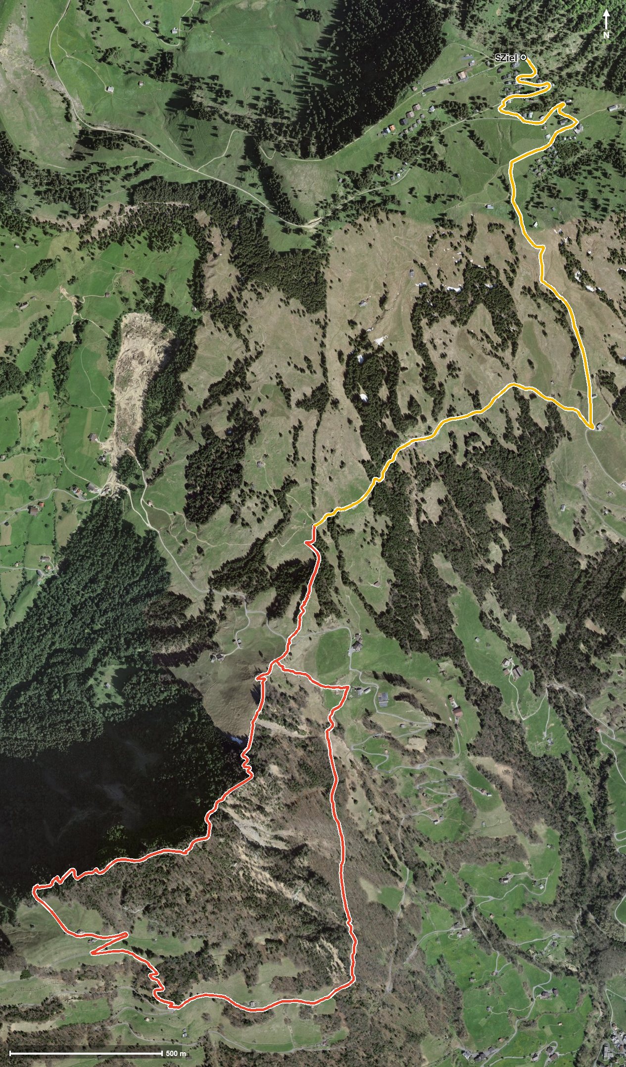 Luftbild mit eingezeichneter Route: Vitznauer-/Gersauerstock (von/nach Rigi Scheidegg)