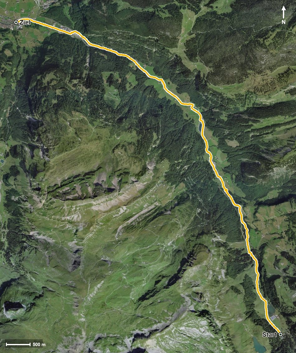 Luftbild mit eingezeichneter Route: Vom Sahli ins Muotathal