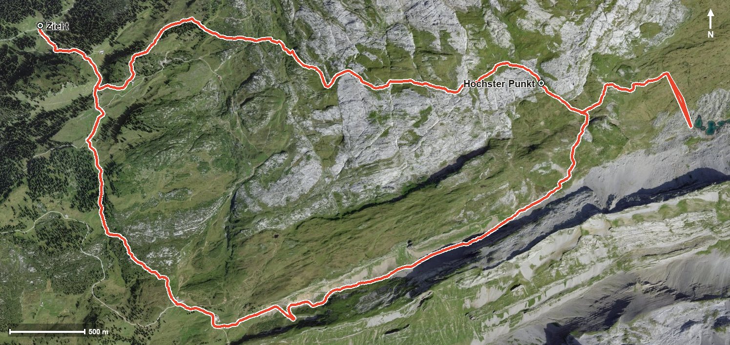 Luftbild mit eingezeichneter Route: Von Bödmeren zum Silberenseeli