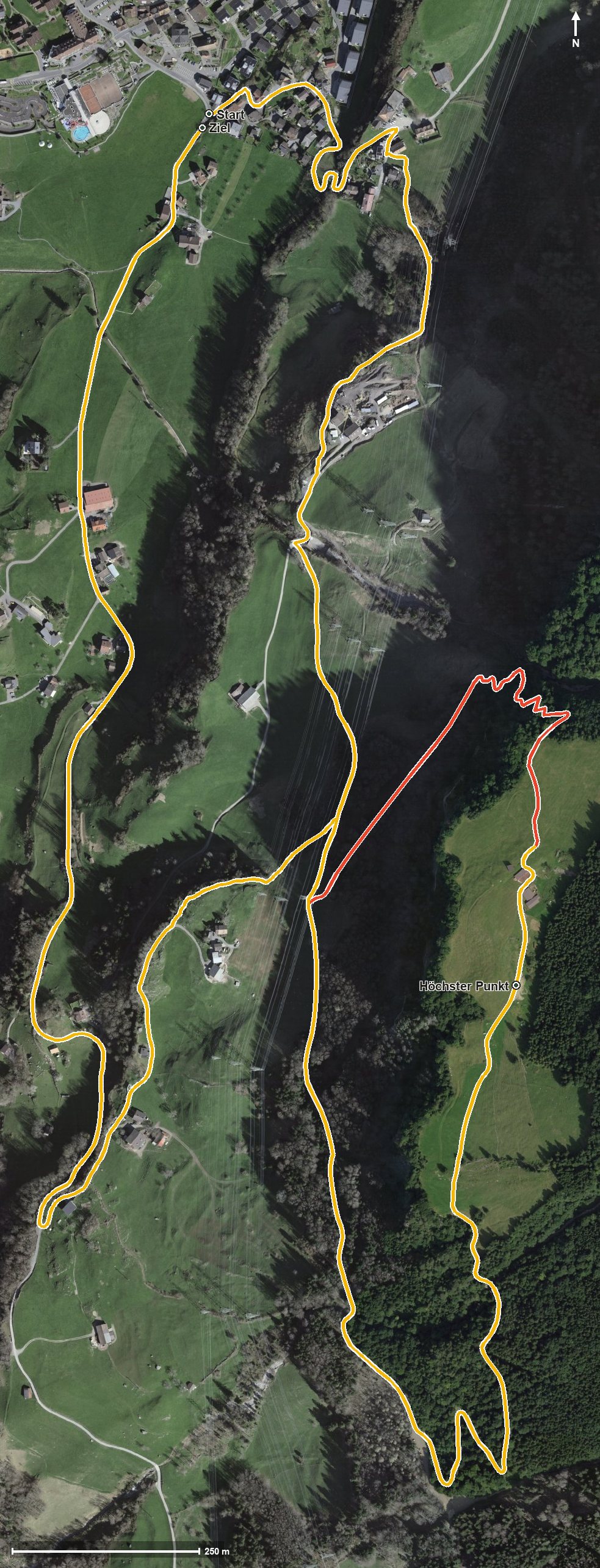 Luftbild mit eingezeichneter Route: Schilteli Rundtour
